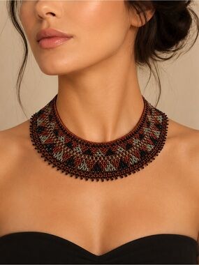 Beaded Statement Collar Necklace - Black & Brown